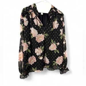 Joie Black Sheer Floral Blouse with Metallic Gold Dots – Size XL